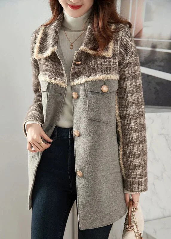 Leisure Sports Loose Grey Peter Pan Collar Button Pockets Woolen Coat Winter