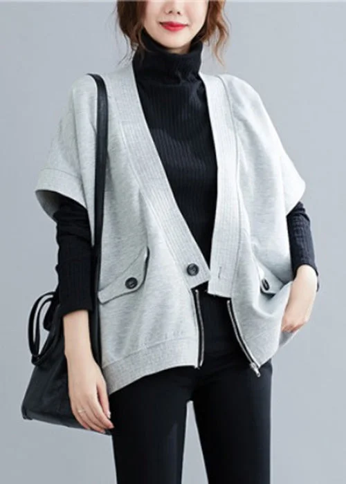 Comfortable Lounge Wear Loose Grey Zippered Button Patchwork Cotton Waistcoat Fall
