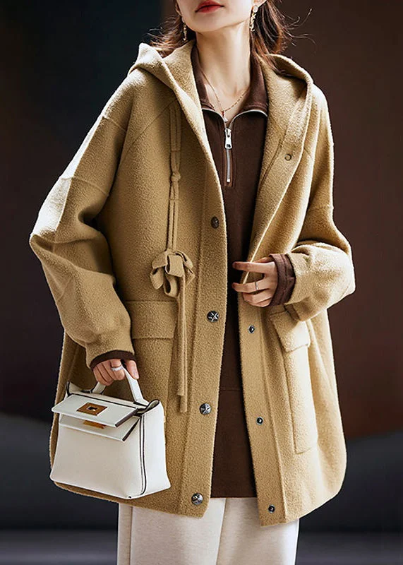 Cozy Vibes Loose Khaki Hooded Pockets Patchwork Cotton Coats Long Sleeve