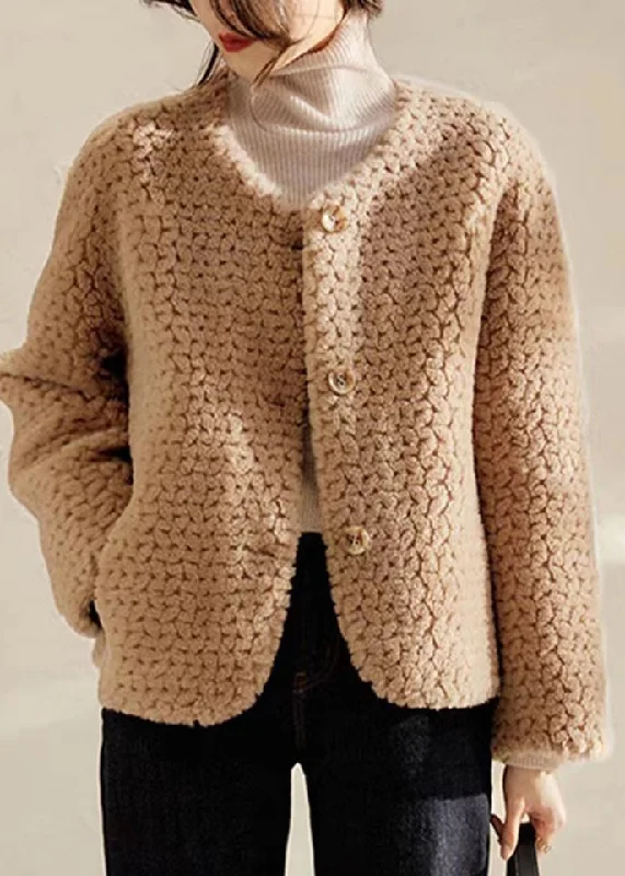 Retro Fashion Loose Khaki O Neck Pockets Patchwork Wool Coats Winter