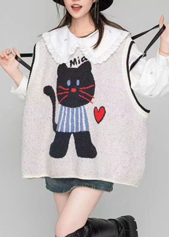 Casual Comfort Wear Loose Light Grey O-Neck Animal Floral Cozy Cotton Knit Waistcoat Fall