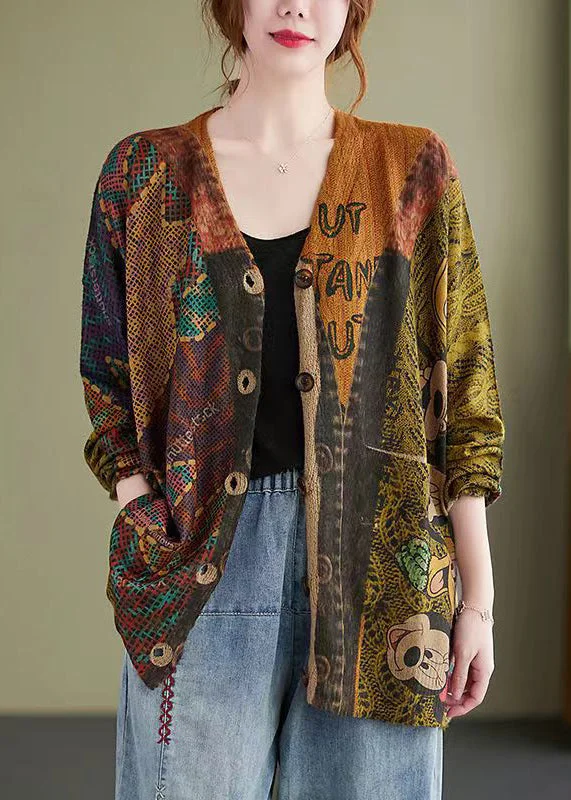 Minimal Style Loose Mitch Button Print Patchwork Cotton Knit Coat Fall