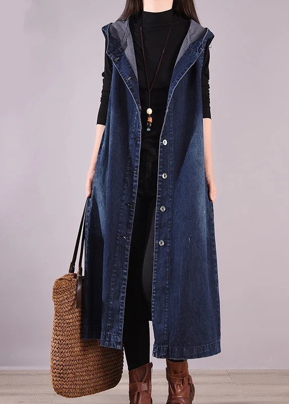 Soft Knitwear Loose Navy Hooded Button Denim Waistcoat Long Coats Sleeveless