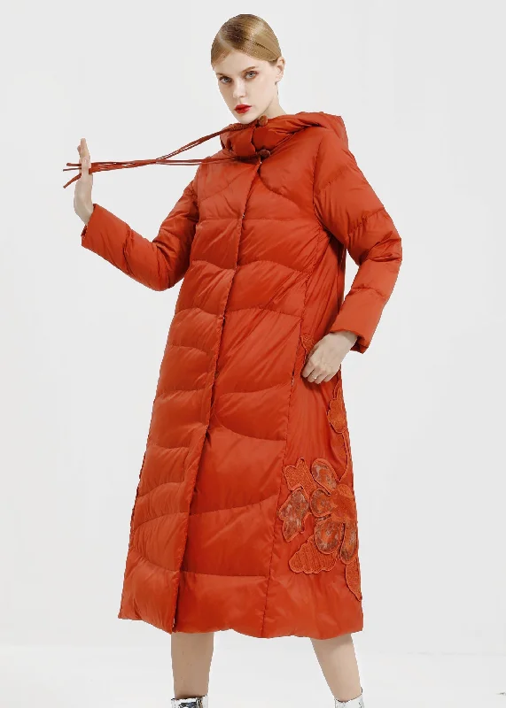 Comfortable Outfits Loose Orange Hooded Button Patchwork Duck Down Down Long Coats Winter