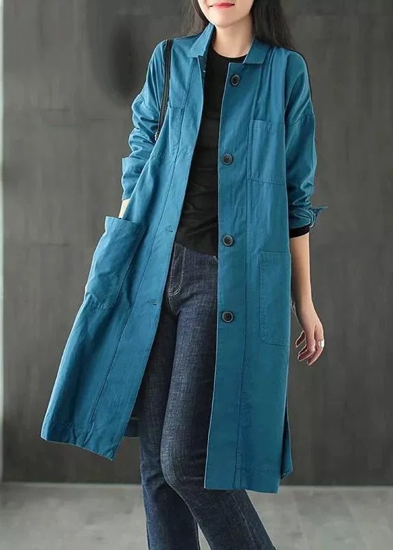 Comfortable Sweaters Loose Peacock Blue Button Pockets Tie Waist Cotton Coat Fall