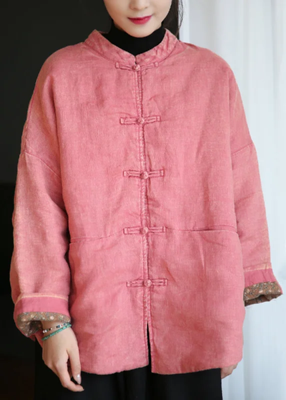 New Design Loose Pink Button Pockets Cotton Filled Coats Long Sleeve