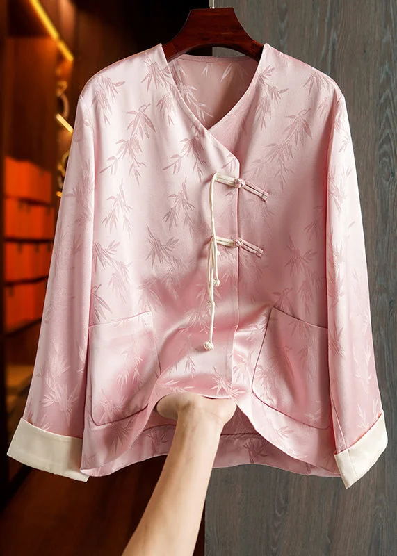 Street Cool Loose Pink Button Print Pockets Patchwork Silk Coats Fall