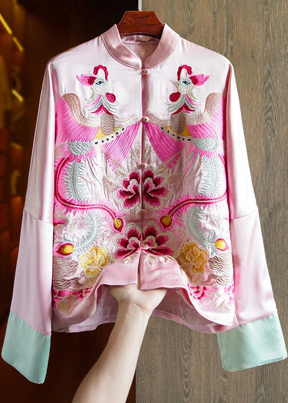 Modern City Loose Pink Stand Collar Embroideried Patchwork Silk Coats Fall