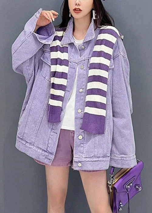 Body Design Loose Purple Peter Pan Collar Pockets Patchwork Denim Coat Fall
