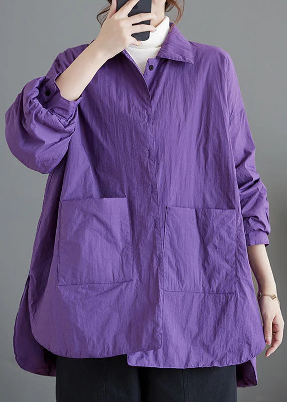 Versatile Casuals Loose Purple Peter Pan Collar Pockets Patchwork Parkas Coats Long Sleeve