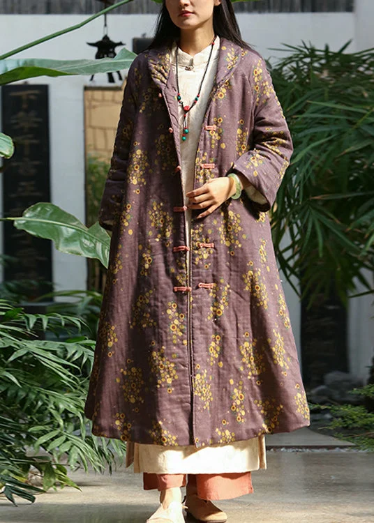 Noble And Elegant Loose Purple Print Button Pockets Warm Fleece Long Coat Winter