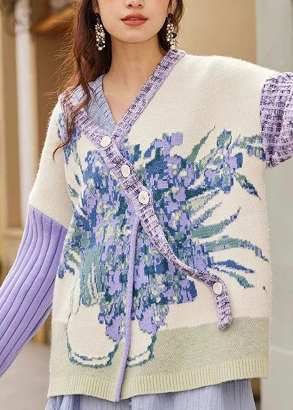 Warm Chic Outfits Loose Purple V Neck Floral Button Cotton Knit Sweater Coats Fall