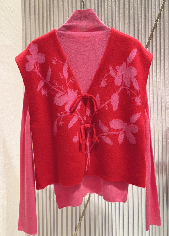 Design Perception Loose Red Button Patchwork Tops And Waistcoat Knit Two Pieces Set Fall