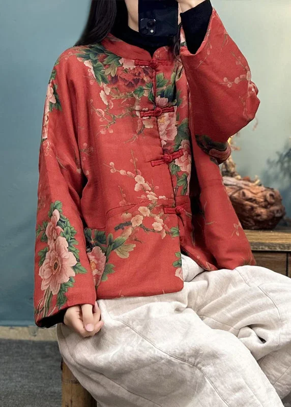 Fashion Must-have Loose Red Button Print Cotton Filled Coats Long Sleeve