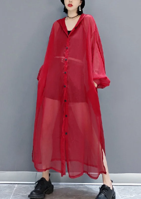 Fashion Expert Loose Red Hooded Button Pockets Tulle UPF 50+ Coat Long Sleeve