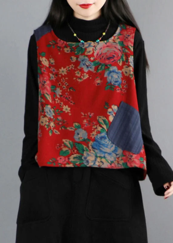 New Season Series Loose Red O Neck Print Warm Fleece Waistcoat Sleeveless