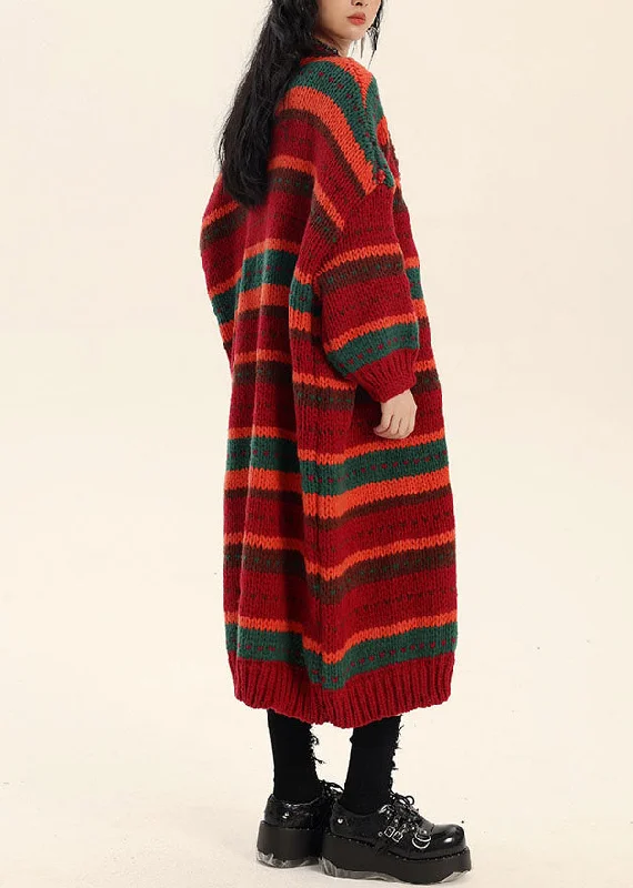 High-quality Styles Loose Red V Neck Striped Button Cotton Knit Waistcoat Fall
