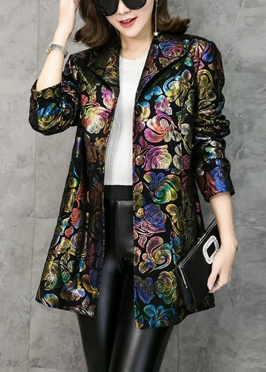Personalized Wear Loose Stand Collar Print Pockets Patchwork Faux Leather Coats Fall