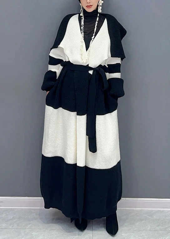 Celebrity Picks Loose White Tie Waist Pockets Patchwork Cotton Knit Long Trench Coat Fall