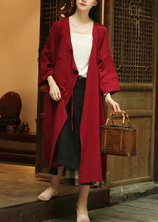 Fashion Classic Loose Wine Red Button Lace Up Patchwork Cotton Coats Fall