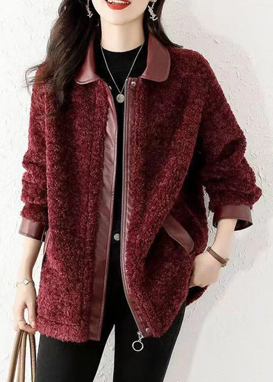 Integrated Design Loose Wine Red Zippered Patchwork Teddy Faux Fur Coat Winter