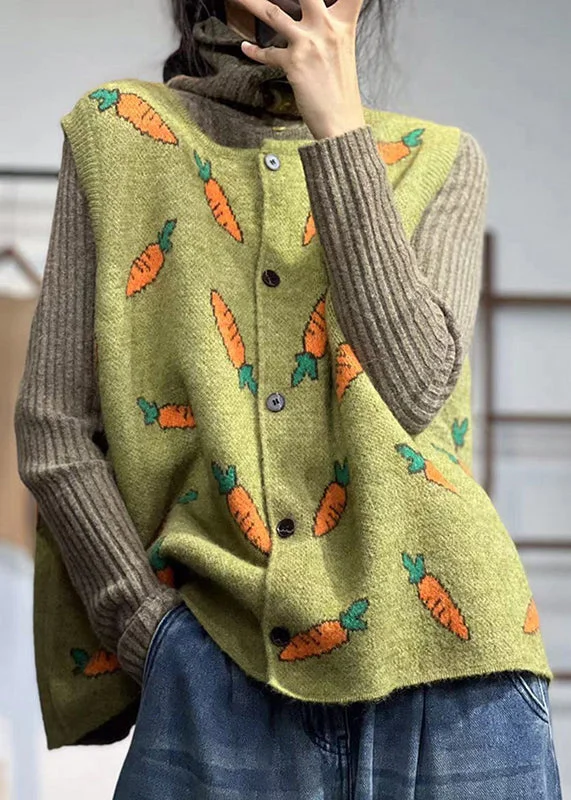 Multifunctional Style Loose Yellow O Neck Button Print Knit Waistcoat Sleeveless