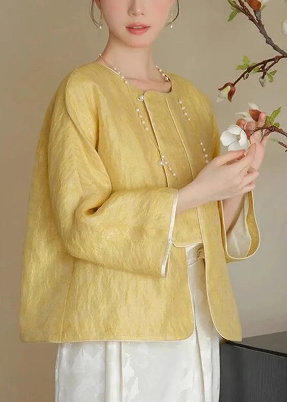 Fresh And Capable Loose Yellow O-Neck Solid Button Silk Coats Spring
