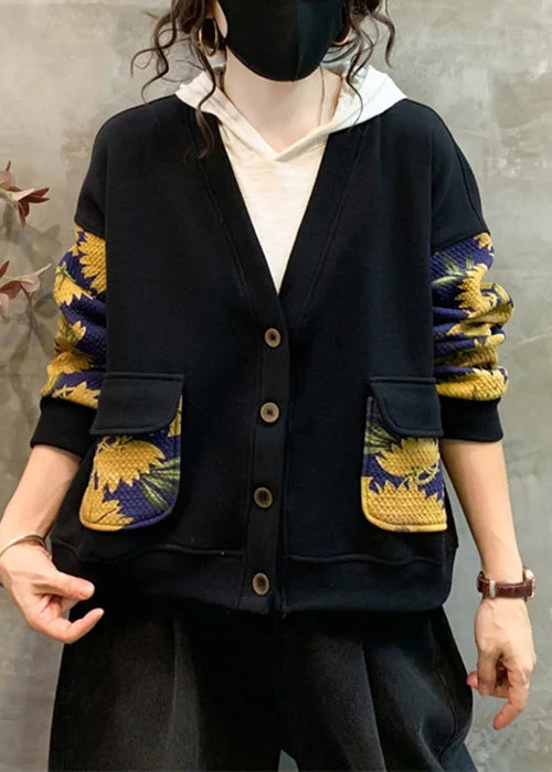 Fresh And Fashionable Loose Yellow V Neck Print Pockets Warm Fleece Coat Fall