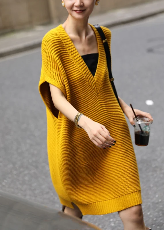 Floral Prints Loose Yellow V Neck Side Open Knit Waistcoat Dress Fall
