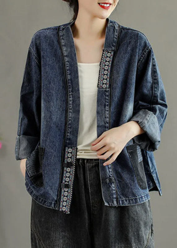 Body Design Luxury Black Embroideried Pockets Button Patchwork Fall Denim Coat