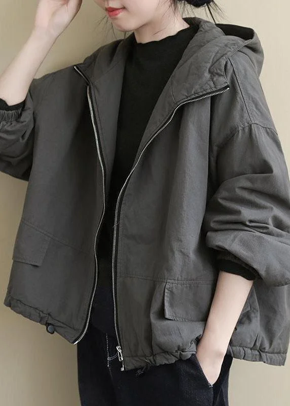 Sports Series Luxury Grey hooded Loose drawstring Winter Cotton Coats Long sleeve