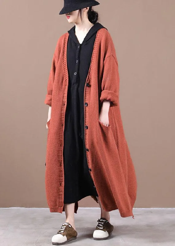 Economic Outlook Luxury Orange Red Pockets Fall Long Knit Coat