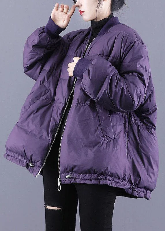 Street Cool Luxury Purple Zippered Pockets Drawstring Winter Down Coats Long sleeve