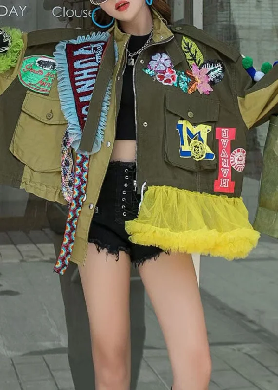 Fashionable And Versatile Modern Army Green Tulle Ruffled Sequins Patchwork Denim Jacket Spring
