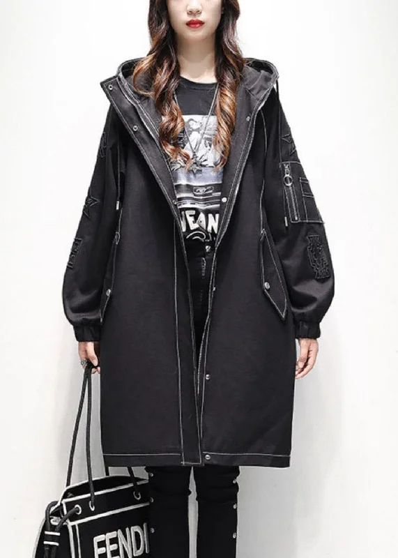 Diamond Series Modern Black Hooded Drawstring Fine Cotton Filled Trench Coats Winter