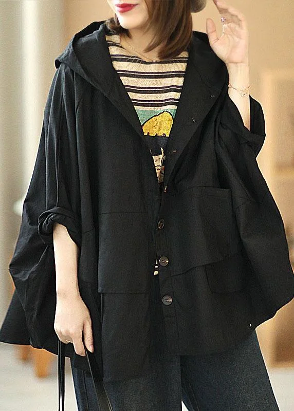 Soft And Comfortable Modern Black Loose Button Pockets Fall Hoodie Coat