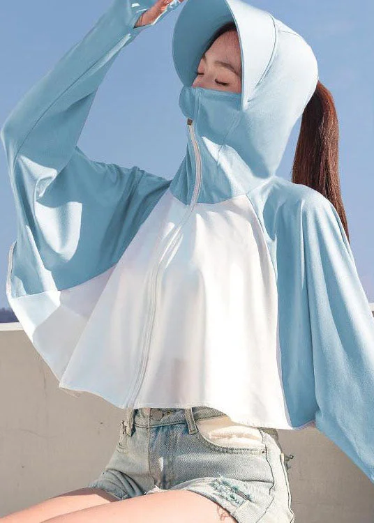Comfortable Design Modern Blue Hooded Zippered Patchwork Ice Silk UPF 50+ Coat Summer