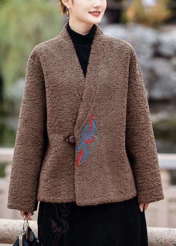 French Style Modern Coffee V Neck Embroideried Thick Teddy Faux Fur Coats Winter