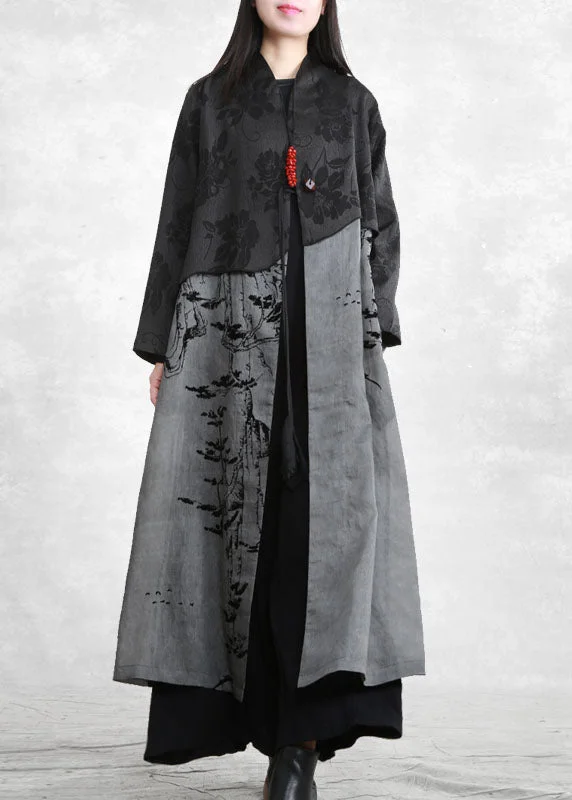 Modern City Modern Dark Grey Pockets Patchwork Cotton Trench Coat Spring