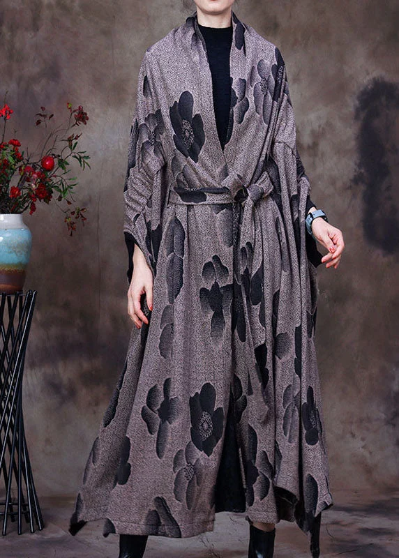 Fashion Style Modern Grey Asymmetrical Print Woolen Coat Winter