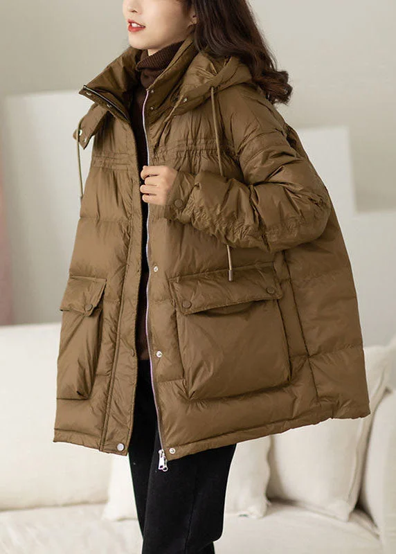 Sports Design Modern Khaki Hooded Oversized Pockets Duck Down Puffer Jacket Winter