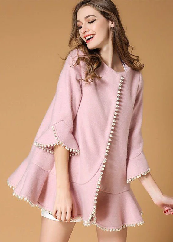 High-end Fabrics Modern Pink Nail bead Ruffles Woolen Coats Spring