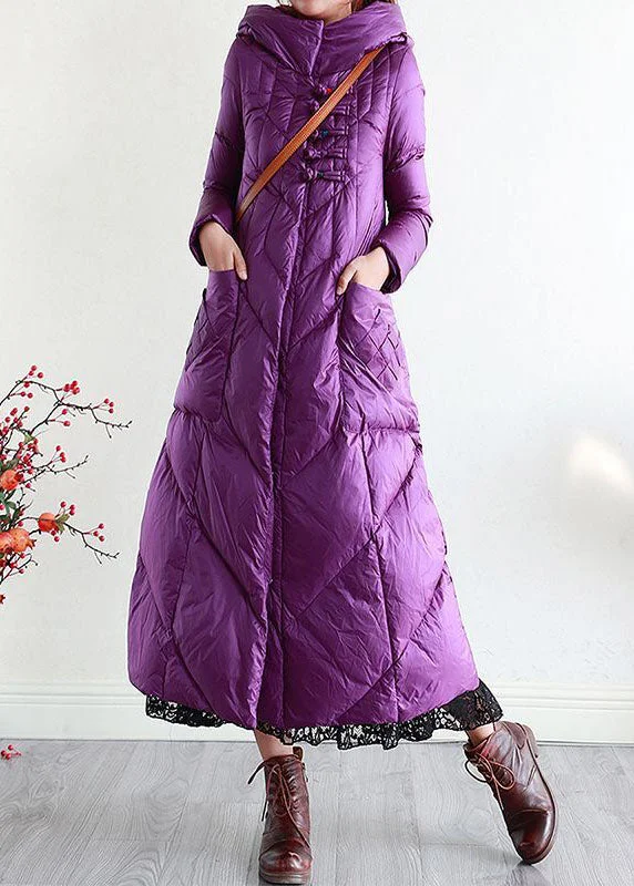Girl Style Modern Purple Hooded Oriental Button Lengthen Duck Down Puffer Coat Winter