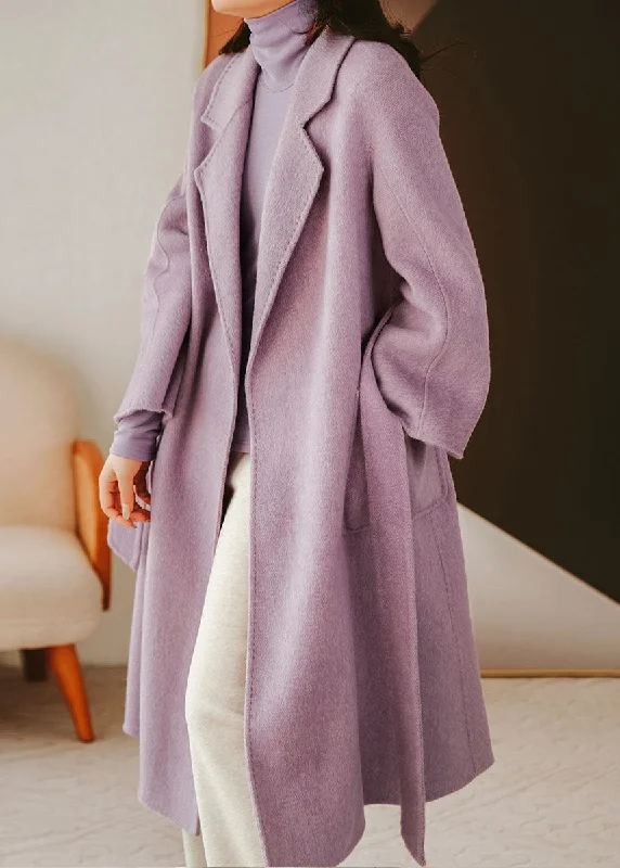 Street Charm Modern Purple Notched Collar Solid Color Sashes Woolen Coat Winter