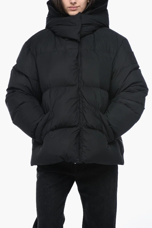 Unique Design Off-White Turteneck Down Jacket with Logo Patch
