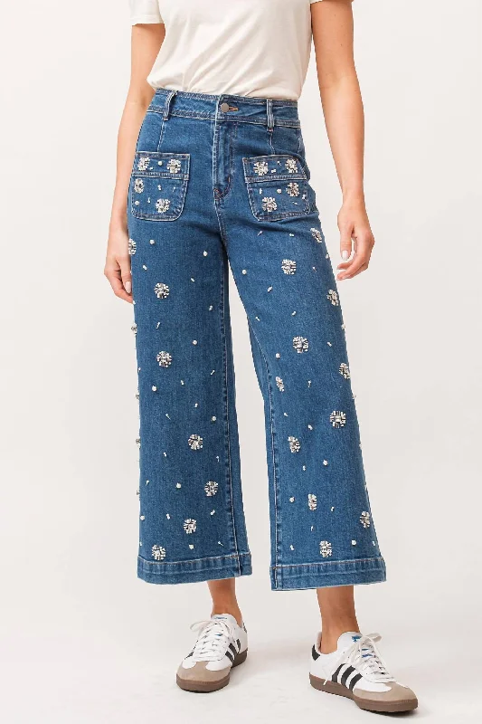 Creative Prints Audrey High Rise Cropped Wide Leg Jeans Embellished In Medium Wash