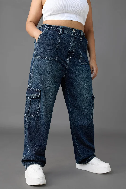 Cool Summer Azul Blue Straight Fit Curve Cargo Jeans