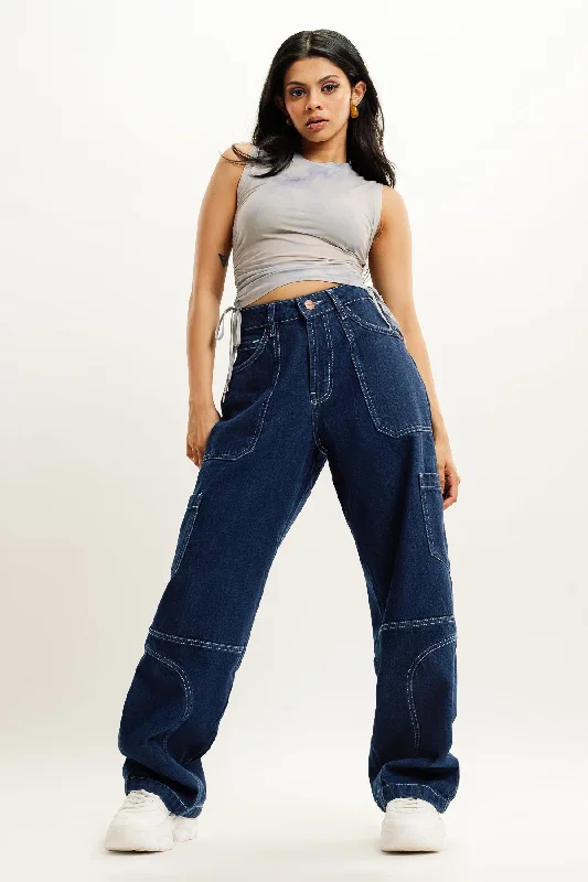 Elegant And Simple Blue Contrast Seam Cargo Jeans