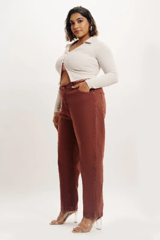 Personalized Wear Curve Brown Elasticated Mom Jeans