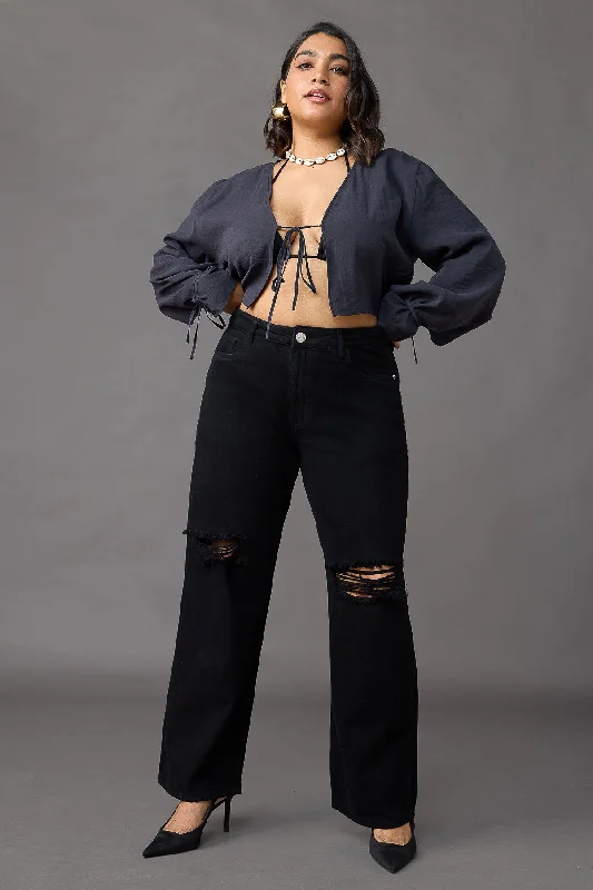 Elegant Tailoring Curve City Girls Black Distressed Wide Leg Jeans